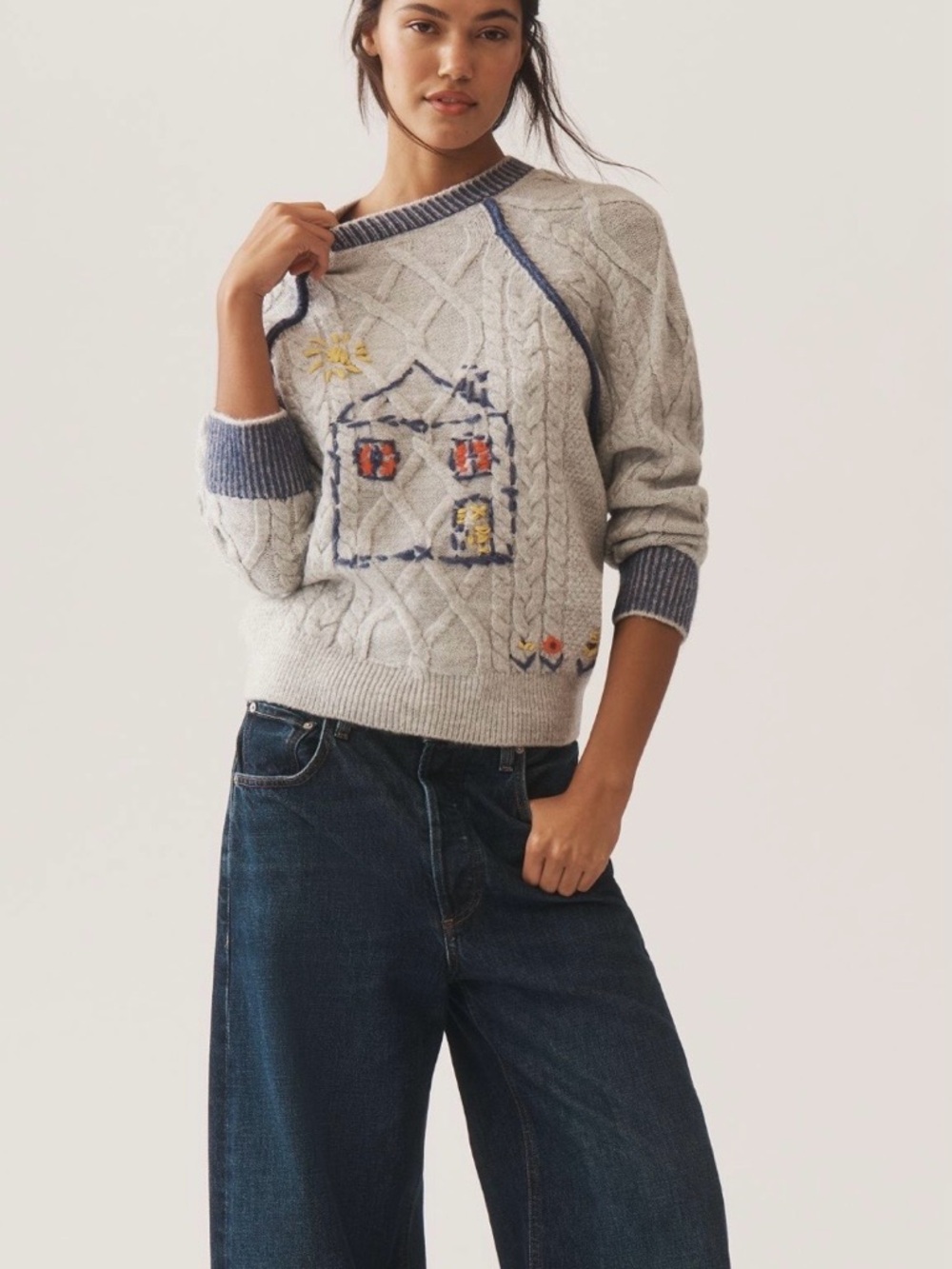 NWT Anthropologie Pilcro Cable-Knit Embroidered Cozy Home Sweater